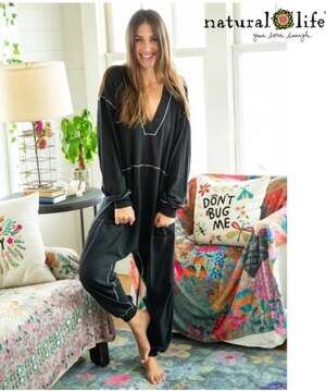 Natural Life XL Black Cotton Long Sleeve Romper Jumper White Stitching Boho XL